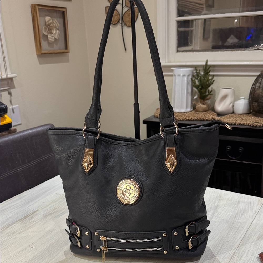 Chic Black Tote with Gold Details